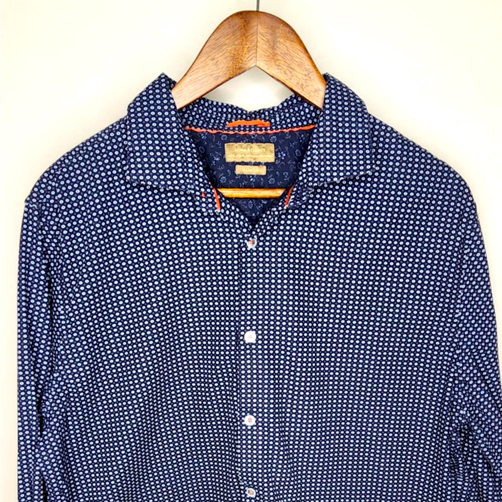 Denim & Flower Men’s Slim Fit Navy Print Long Sleeve Button Down Size Xl